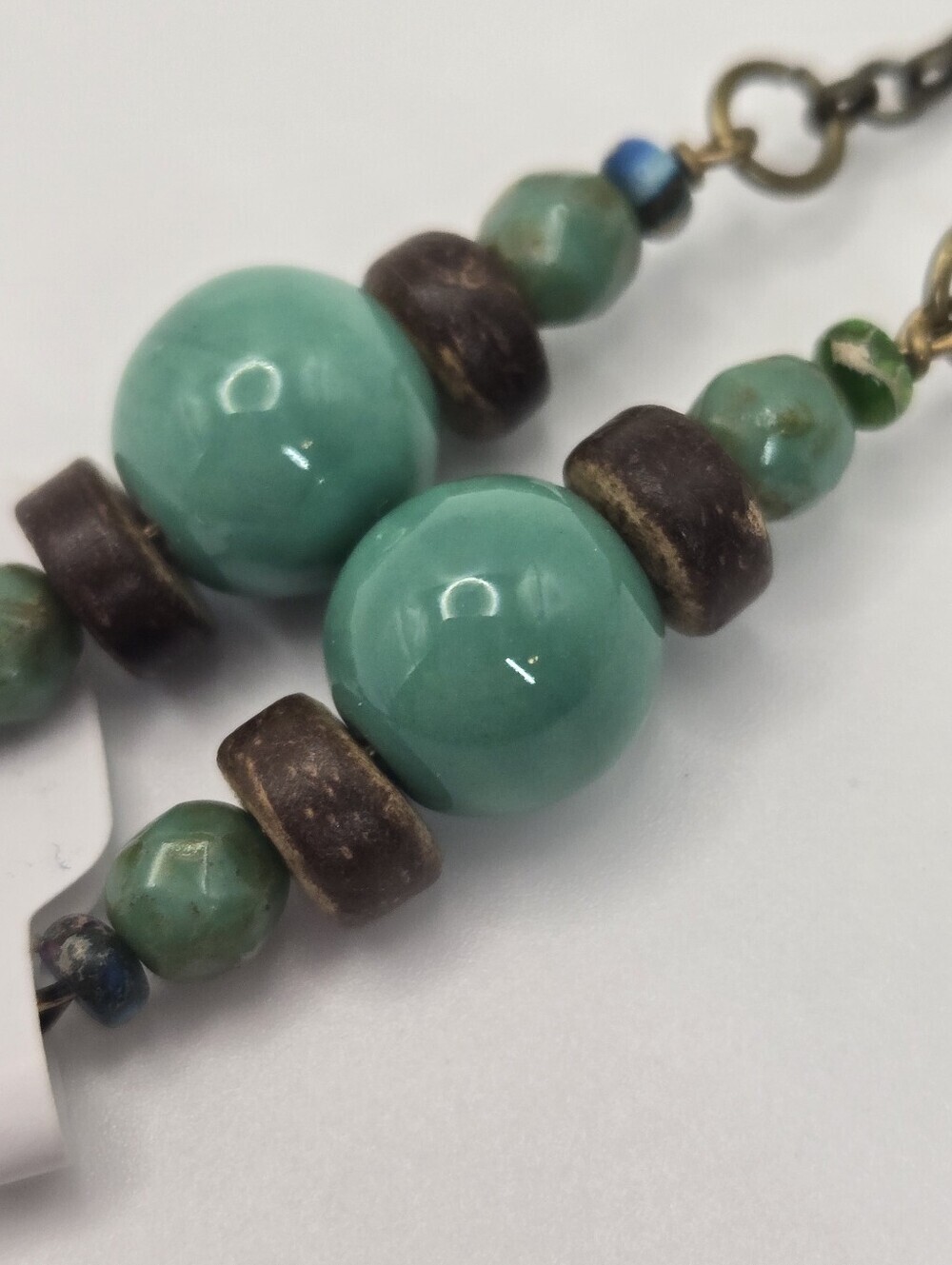 Large Leaf Necklace Shades Of Green Glass & Wood Beads Long Artisan Made - Picture 4 of 7